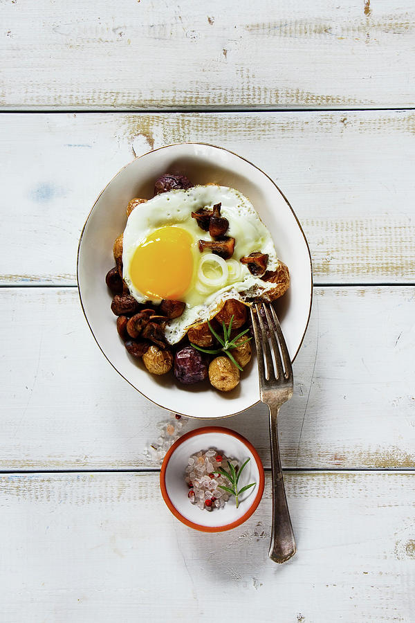 Fried Egg, Baby Potatoes And Mushrooms Dinner Bowl - Healthy Breakfast Or Snack Photograph by Yuliya Gontar