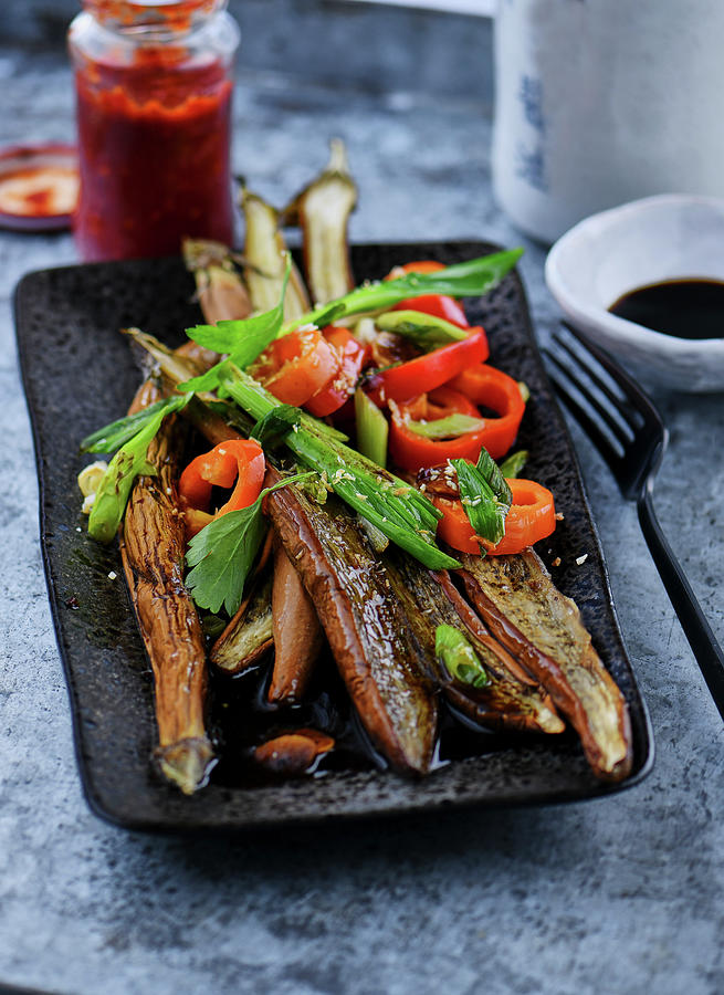 Fried Eggplants With Pointed Peppers, Spring Onions And Soy Sauce japan Photograph by Stefan Schulte-ladbeck