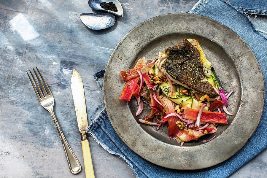 Fried Fish Fillet On A Vegetable Salad With Rhubarb Photograph by Lara Jane Thorpe