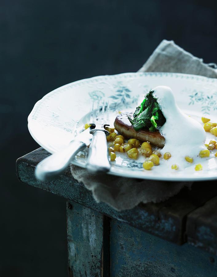 Fried Foie Gras With Baby Spinach, Sweetcorn And Foam Photograph by ...