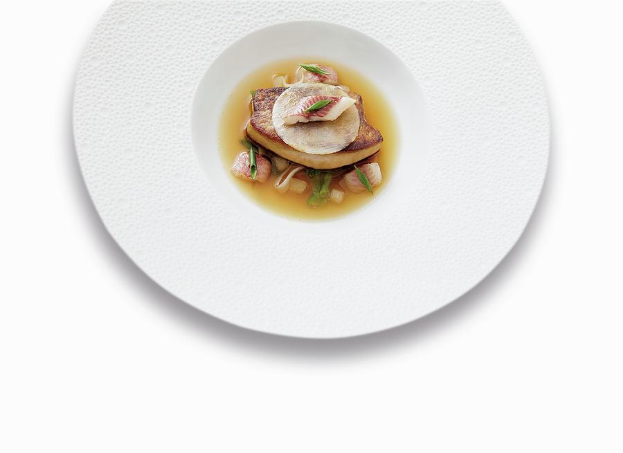 Fried Foie Gras With Smoked Eel In A Radish Dashi Photograph by Tre Torri