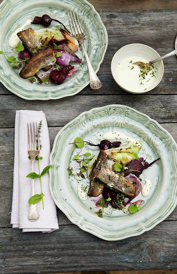 Fried Herring With Beetroot, Onion And Sour Cream Sauce Photograph by Tine Guth Linse