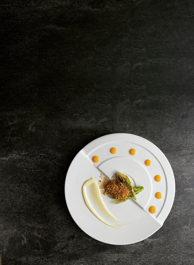 Fried Lettuce, Lime Crunch, Parmesan Gel And Egg Yolk Cream Photograph by Tre Torri