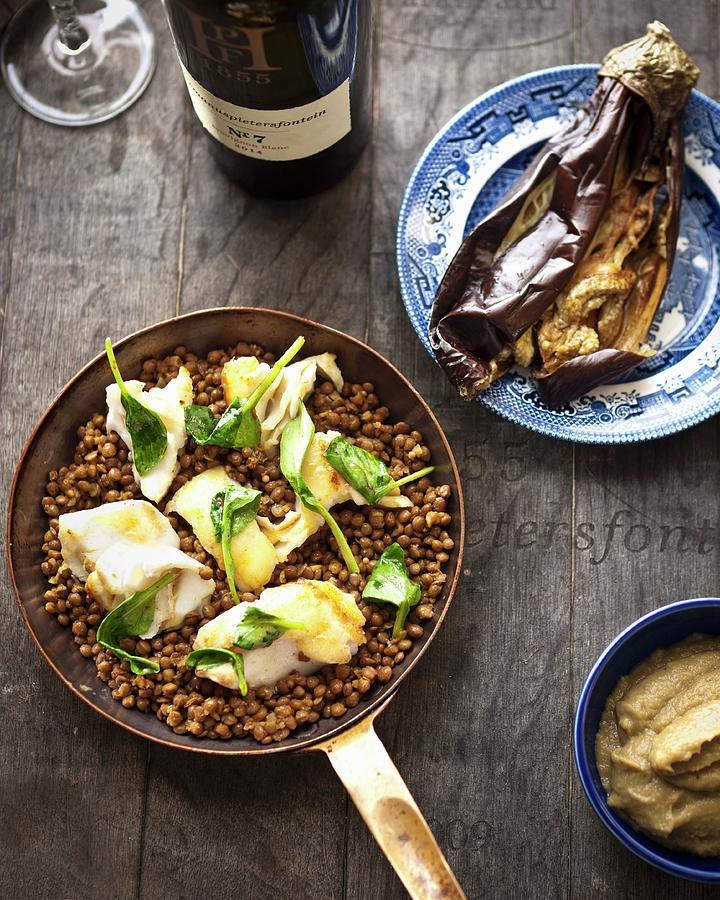 Fried Monkfish On A Bed Of Lentils With Aubergine Photograph by Great Stock!