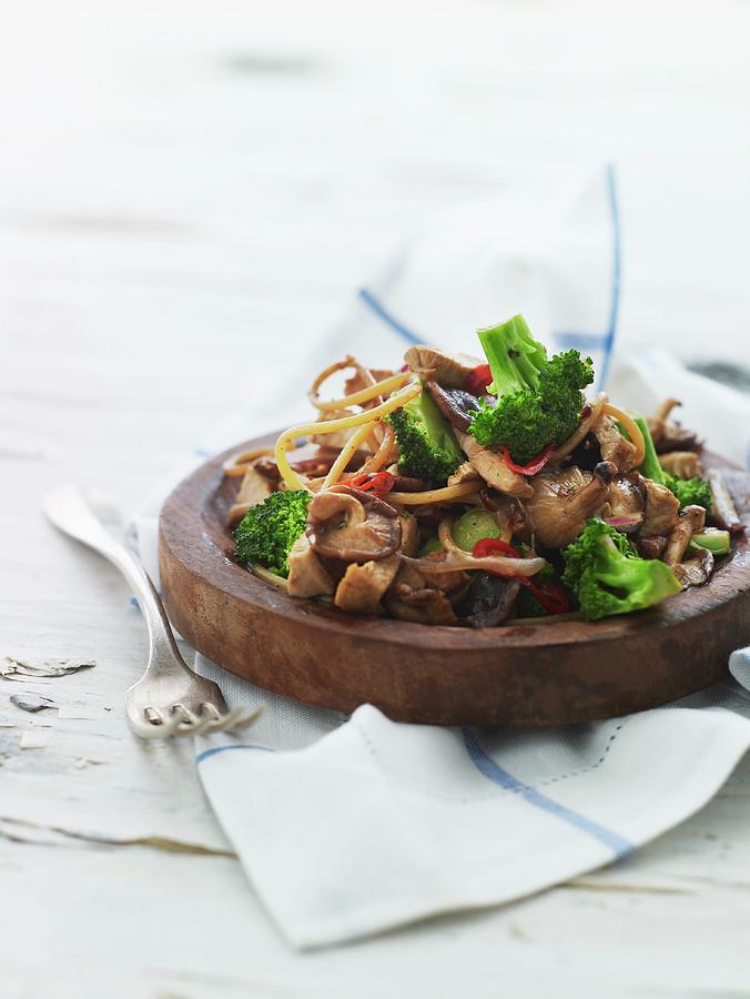 Fried Mushrooms With Noodles And Broccoli Photograph by Mikkel Adsbl
