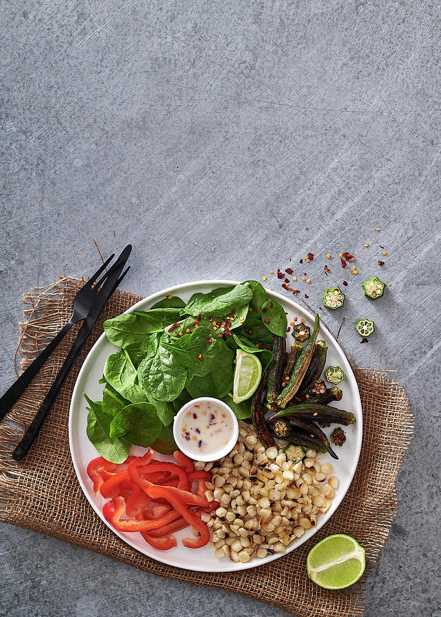 Fried Okra, Chargrilled Corn, Red Pepper And Baby Spinach Salad With Thai Coconut And Lime Dressing Photograph by Great Stock!