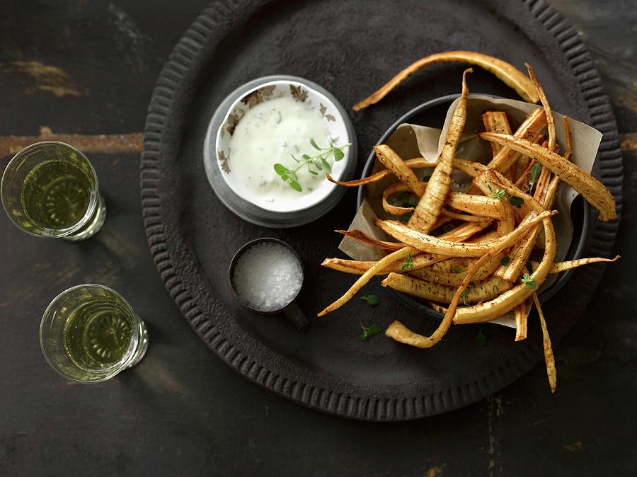 Fried Parsnip With Salt And Pepper Served With Aioli And White Wine Photograph by Laurie Proffitt