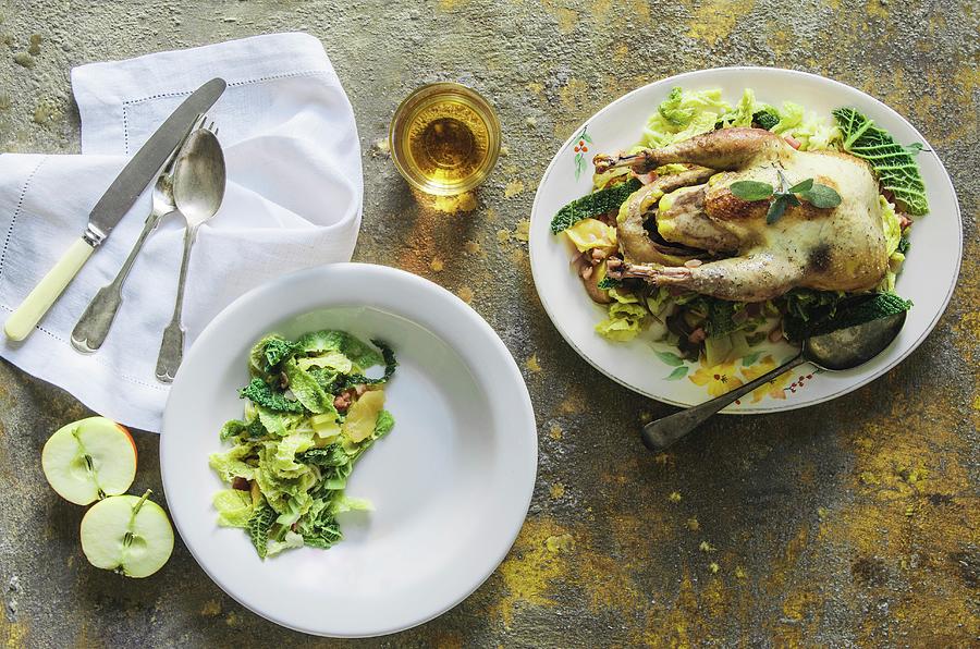 Fried Pheasant On A Bed Of Savoy Cabbage Photograph by Nick Sida