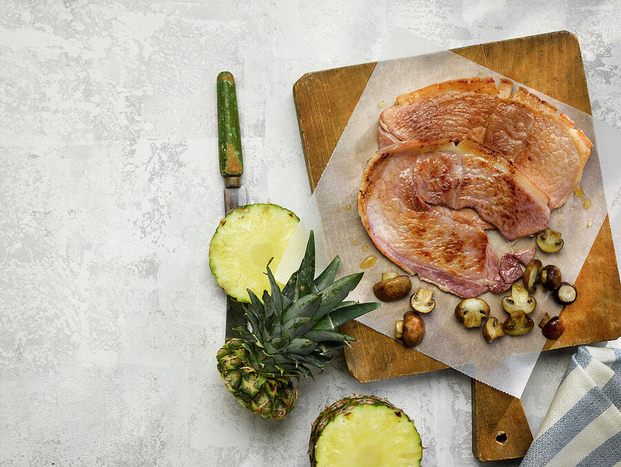 Fried Pork Belly gammon Steak With Mushrooms And Pineapple Photograph ...