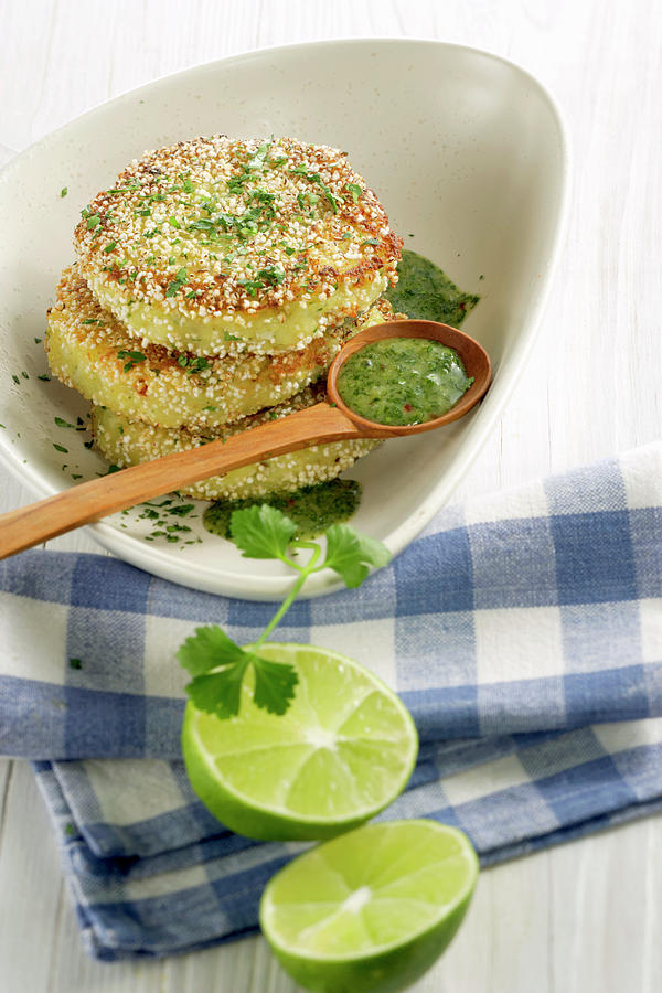 Fried Potato Cakes With Amaranth Pops And Lime And Herb Sauce Photograph by Teubner Foodfoto