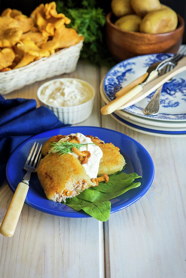 Fried Potato Dumplings With A Minced Meat & Chanterelle Mushroom Filling On A Bed Of Spinach Leaves With Sour Cream Photograph by Irina Meliukh
