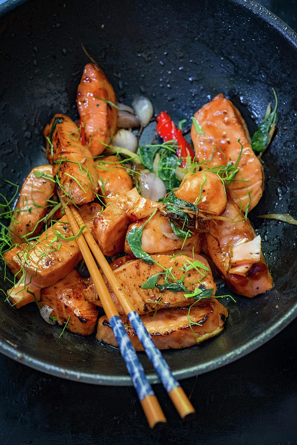 Fried Salmon In A Wok asia Photograph by Eising Studio