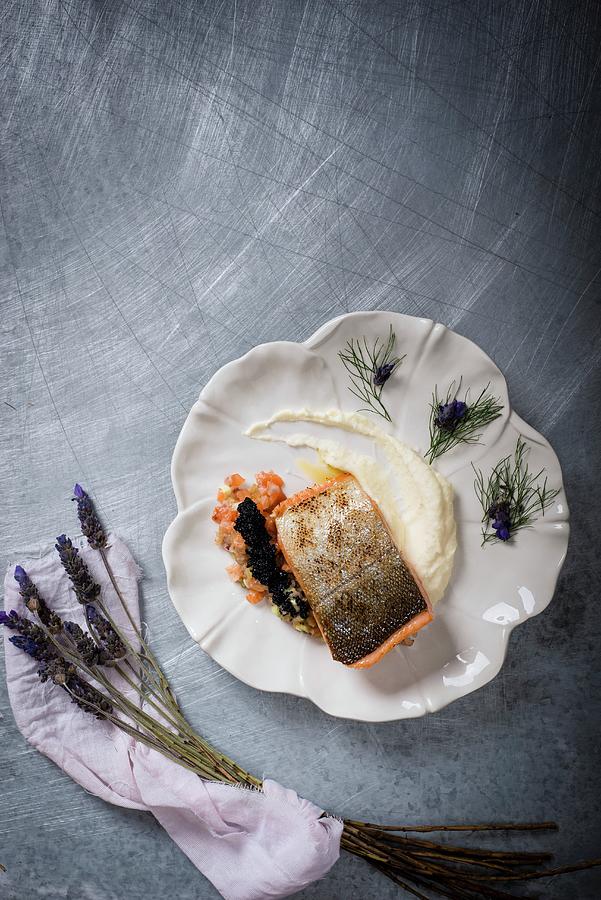 Fried Salmon Trout Fillet On Mashed Potatoes With Fennel, Lavender And Caviar Photograph by Great Stock!