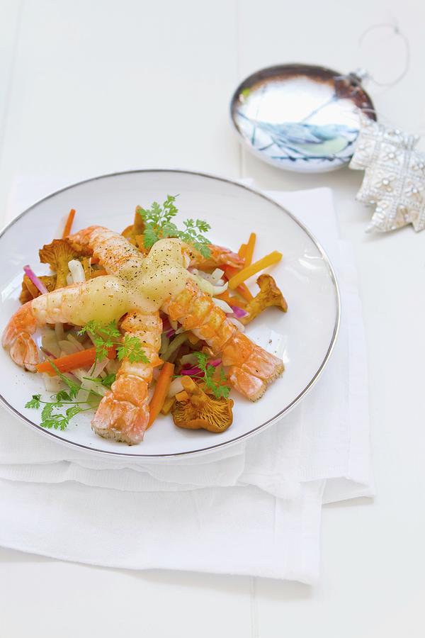 Fried Scampi With Emmental, Chanterelle Mushrooms And Vegetables christmassy Photograph by Atelier Mai 98