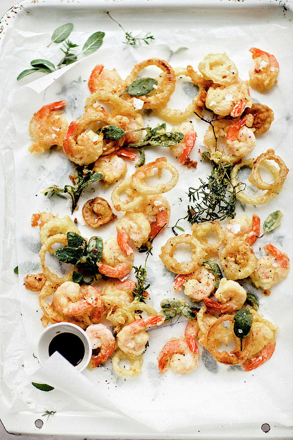 Fried Seafood And Onion Rings In Tempura Batter With Sage Leaves Photograph by Giedre Barauskiene
