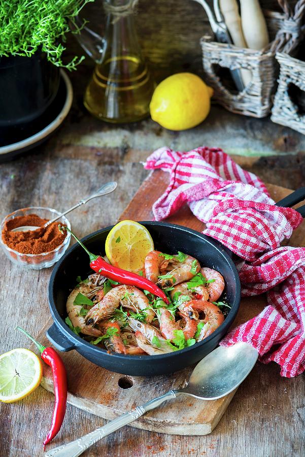Fried Spicy Prawns With Herbs In A Pan Photograph by Irina Meliukh