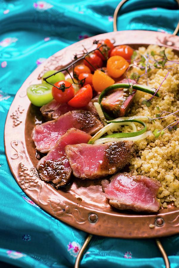Cereal Photograph - Fried Tuna With Garam Masala Served With Bulgur And Tomatoes by Great Stock!
