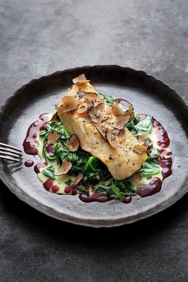Fried Turbot With Truffles, Spinach And A Red Wine And Butter Sauce Photograph by Jalag / Mathias Neubauer