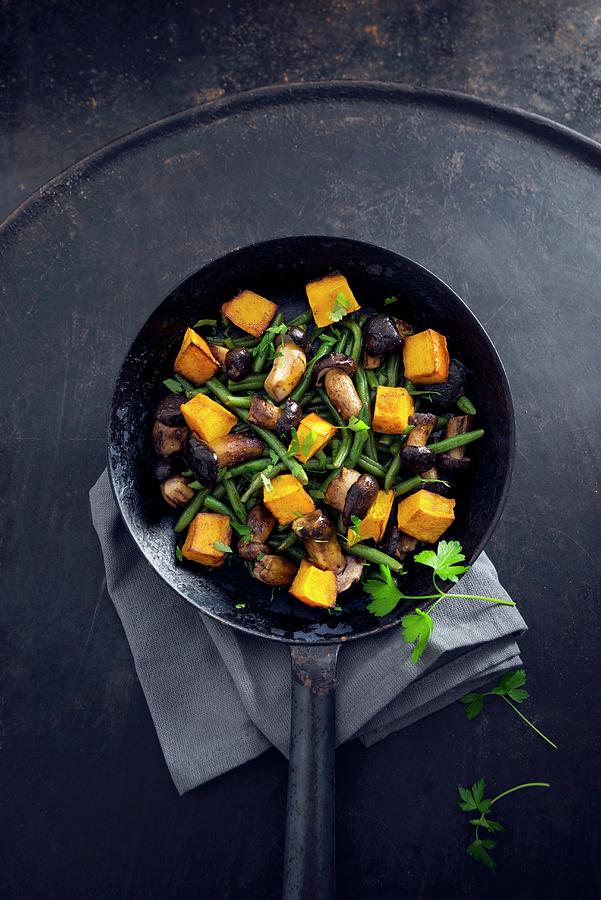 Fried Wild Mushrooms, Green Beans And Hokkaido Squash vegan Photograph by Kati Neudert
