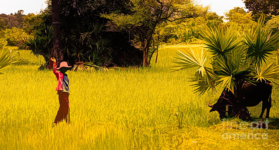 Friendly Wave Cambodian Boy Rice Fields Art  Digital Art by Chuck Kuhn