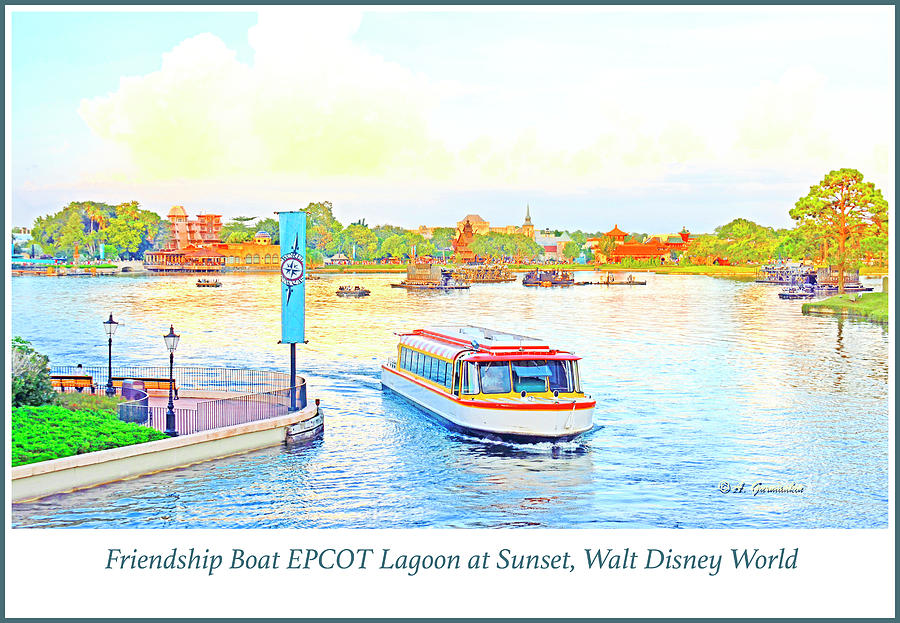 Friendship Boat EPCOT Lagoon at Sunset Digital Art by A Macarthur Gurmankin