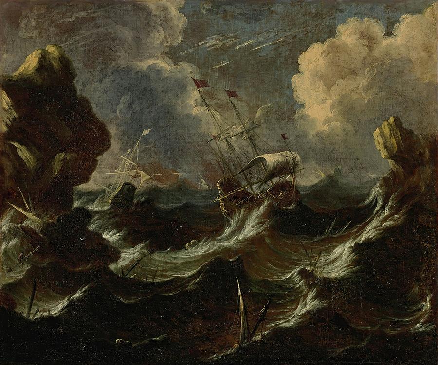 Frigates In A Storm Off A Rocky Coast Painting by Antonio Marini | Fine ...