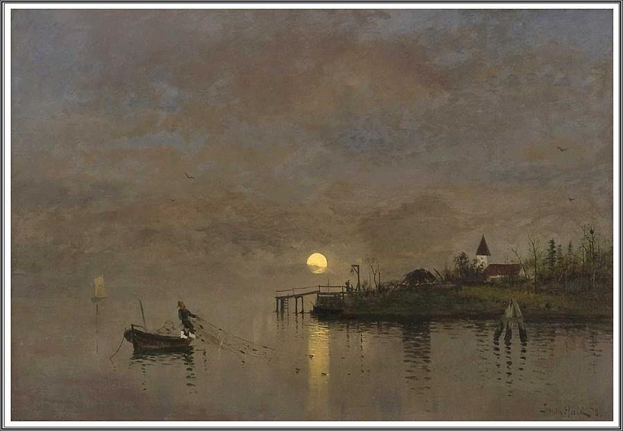 Nature Painting - Frithjof Smith Hald  1846-1903 Clair de Lune Fishing by Celestial Images