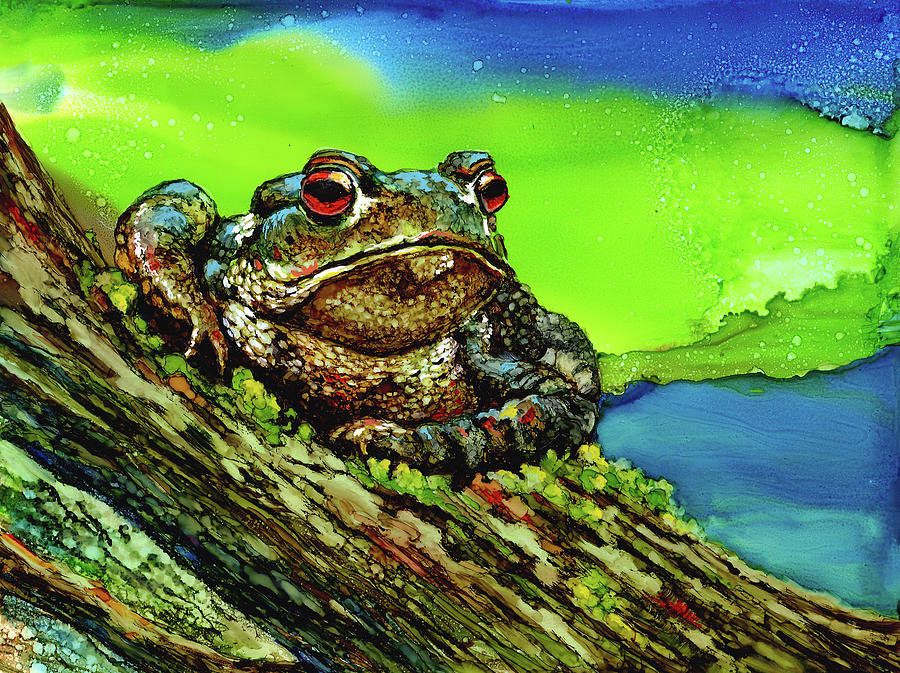 Frog on a Log Painting by Linda Eader