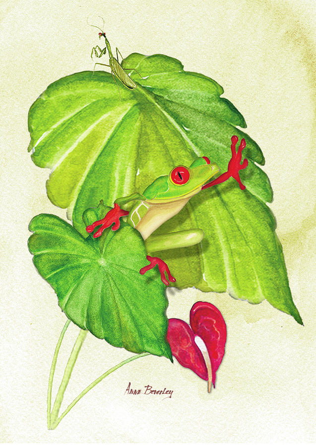 Frog On Leaf Painting by Anne Beverley-Stamps