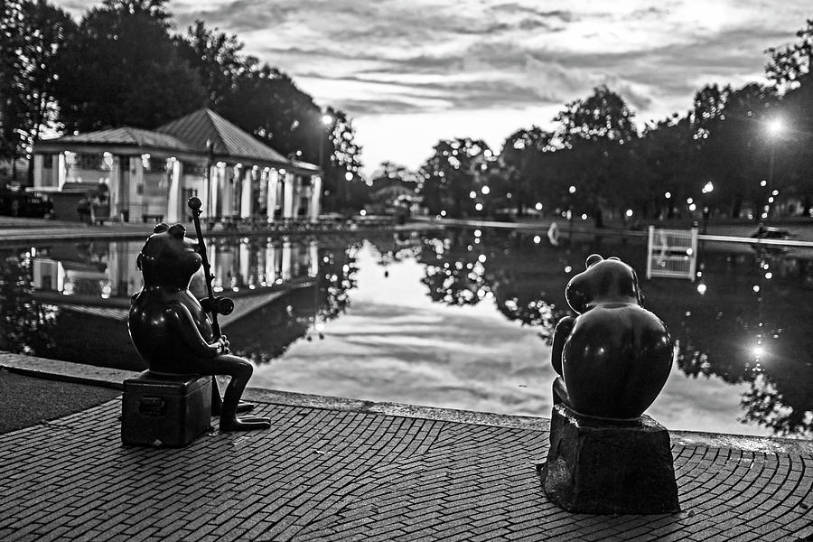 Frogs meditating on the sunset Boston MA Boston Common Frog Pond Black and White Photograph by Toby McGuire