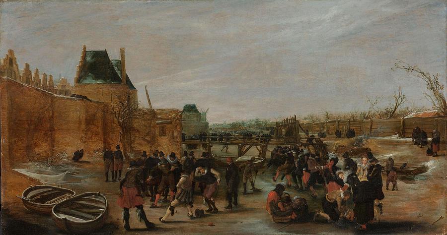 Frolicking on a Frozen Canal in a Town. Painting by Jan van de Velde -II- -rejected attribution- Hendrick Avercamp -copy after- Esaias van de Velde
