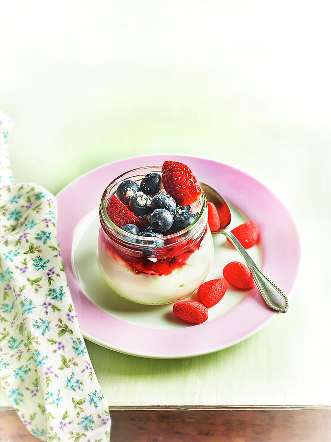 Fromage Blanc With Blueberries, Strawberries, Tagada Strawberry Sweets And Summer Fruit Coulis Photograph by Perrin
