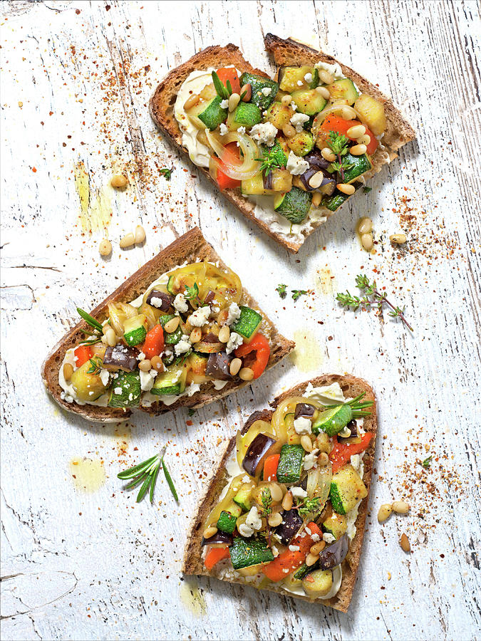 Fromage Frais, Pepper,courgette, Aubergine, Onion, Pine Nuts And Feta Crumb Toasts Photograph by Studio