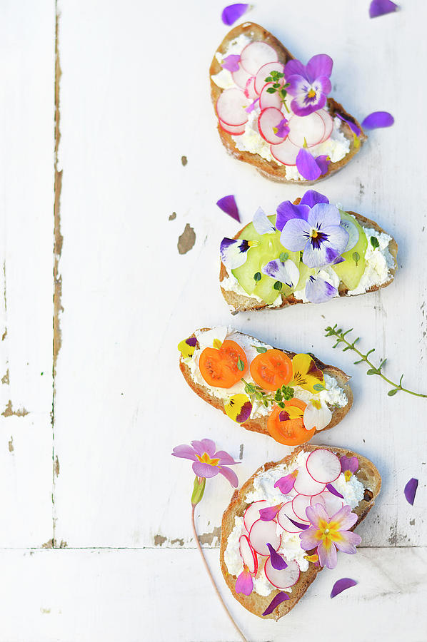 Fromage Frais, Vegetable And Flower Open-sandwiches Photograph by Keroudan