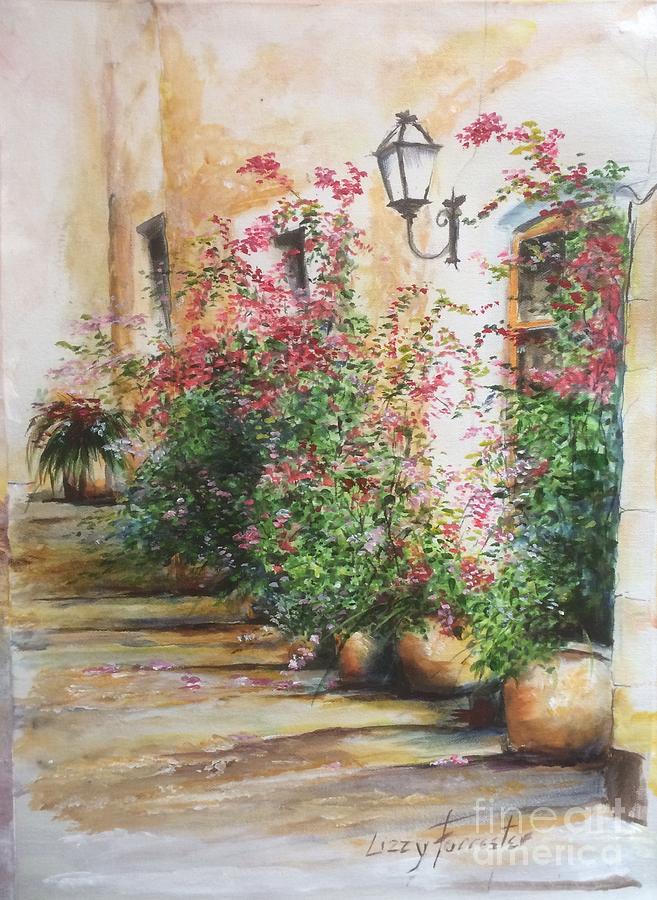 Flower Painting - Front door spectacle, Steps in the Old Town, Mallorca Balearics Spain by Lizzy Forrester