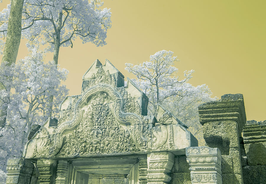 Front of Banteay Srei Temple in Siem Reap Cambodia in infrared Photograph by Karen Foley