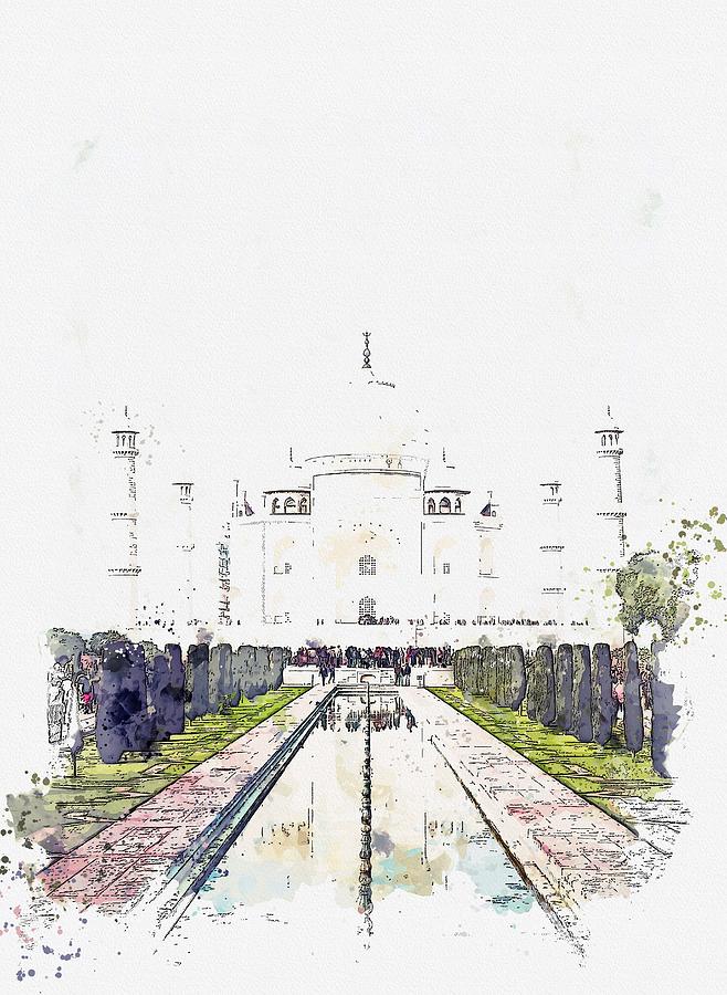 Front View Of Taj Mahal, Agra, India  C2019, Watercolor By Adam Asar Painting