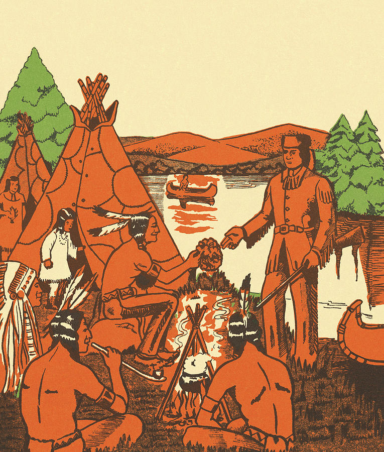 Vintage Drawing - Frontiersman Meeting a Group of Natives by CSA Images