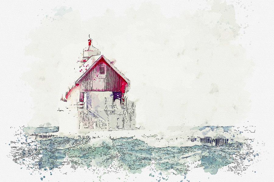 Frozen Lighthouse 3 -  watercolor by Adam Asar Painting by Celestial Images