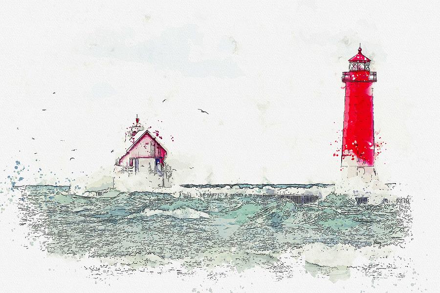 Frozen Lighthouse 4 -  watercolor by Adam Asar Painting by Celestial Images