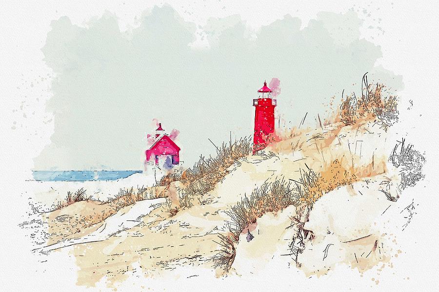 Frozen Lighthouse 5 -  watercolor by Adam Asar Painting by Celestial Images