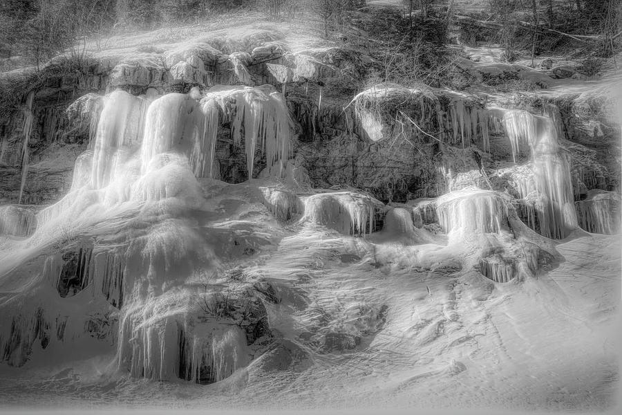 Waterfall Photograph - Frozen Snowmelt B and W by Donna Kennedy