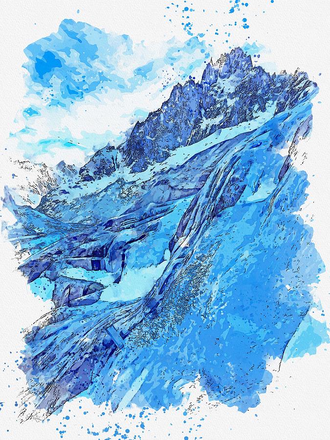 Frozen Waterfall, Mer de Glace, Chamonix, France -  watercolor by Adam Asar Painting by Celestial Images