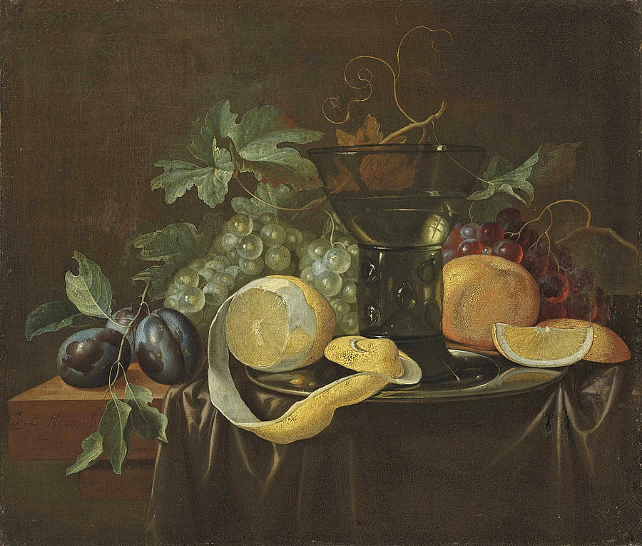 Fruit, a pewter dish and a roemer on a partially draped table Painting by Alexander Coosemans