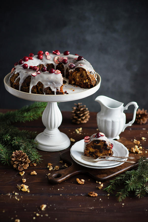 Fruit Based Christmas English Pudding With Topping And Cranberries Photograph by Karolina Polkowska