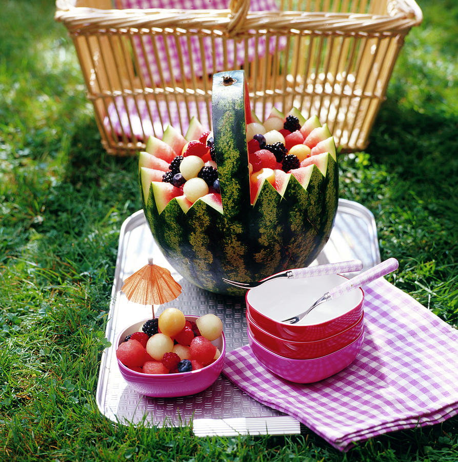 Fruit Basket Made Of Melon Cut With Berries In Bowl Photograph by Kramp + Glling Jalag