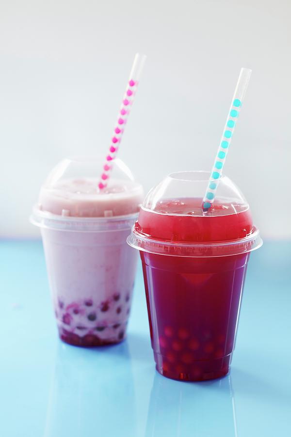 Fruit Bubble Tea With Tapioca Pearls In Plastic Cups Photograph by Charlotte Tolhurst