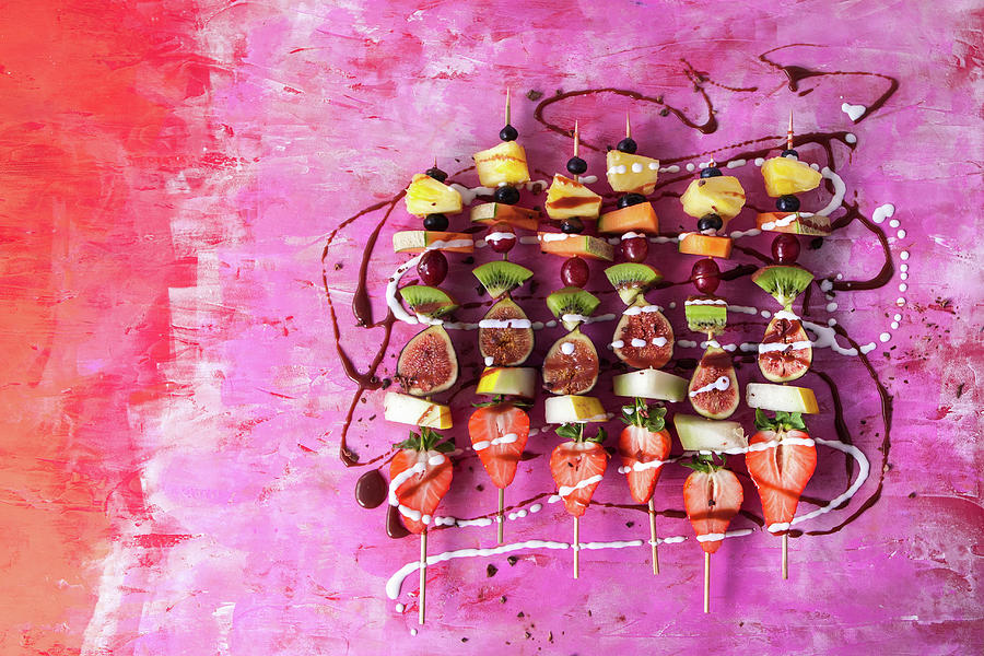 Fruit Kebabs With Chocolate Sauce And Coconut Cream Photograph by Lara Jane Thorpe