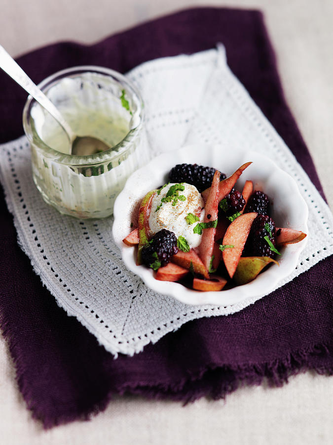 Fruit Salad With Cream, Blackberries, Pears And Mint Photograph by Karen Thomas