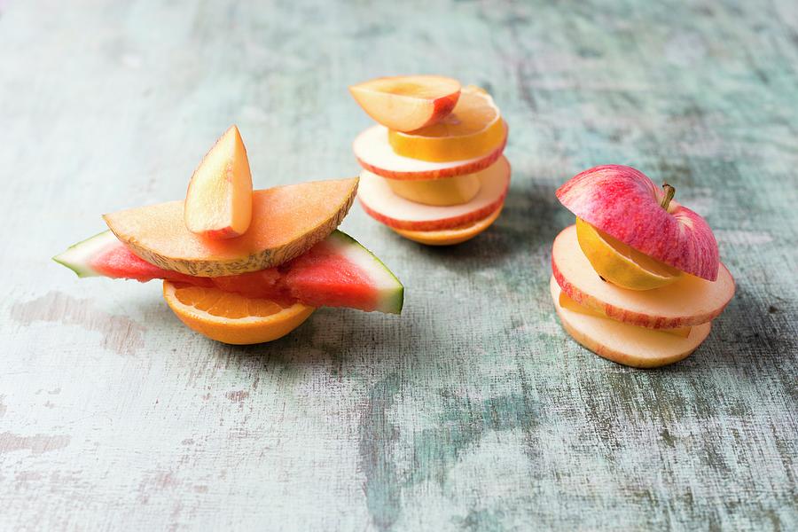 Fruit Stacks With Apple, Watermelon, Lemon, Orange And Banana Photograph by Mandy Reschke